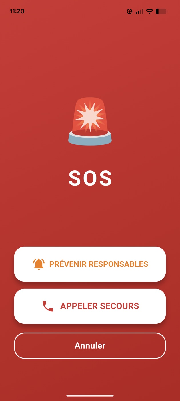 L’écran SOS, ouvert après 2 secondes d’appui.