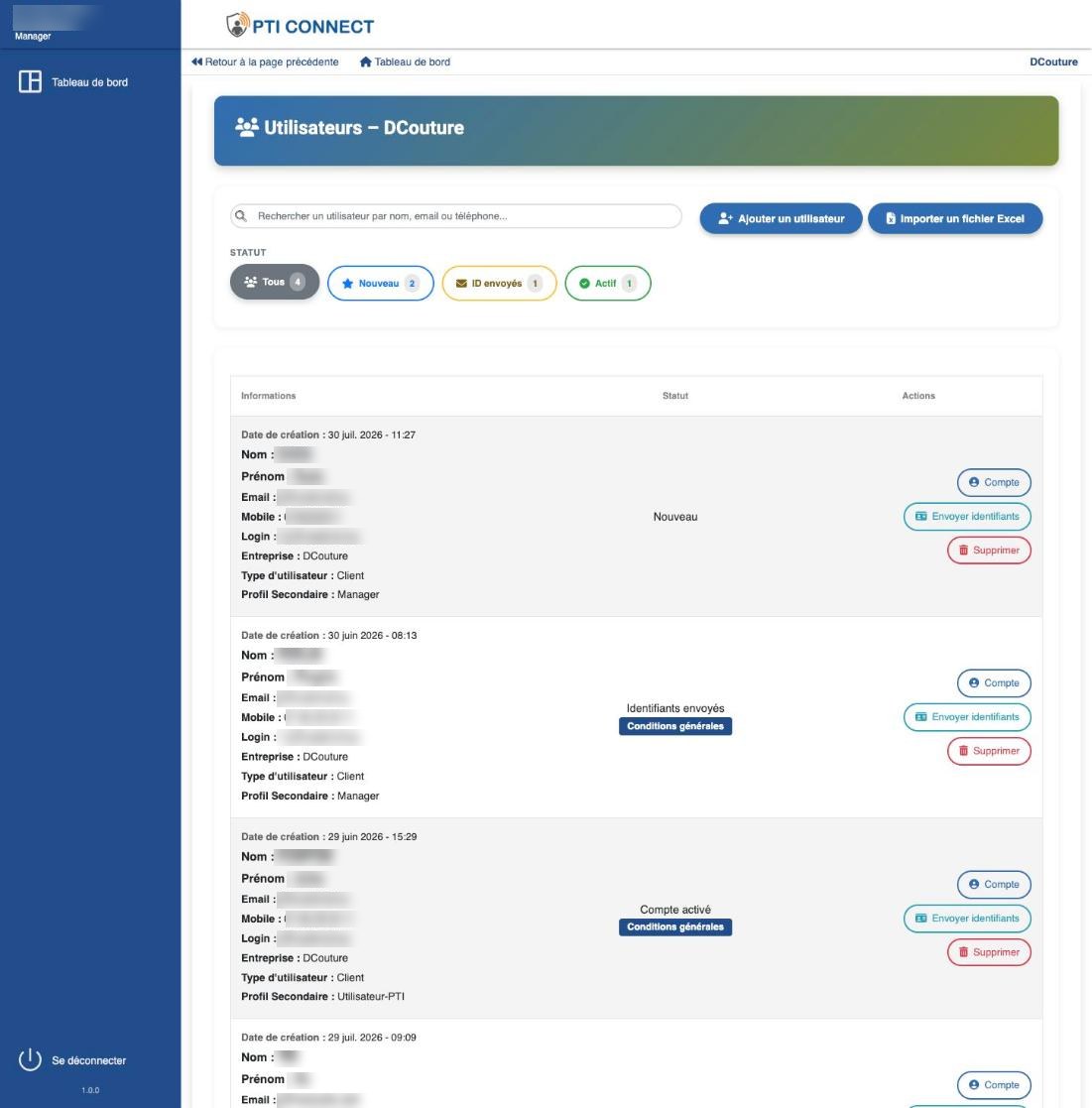 La liste des utilisateurs, filtrable par statut.