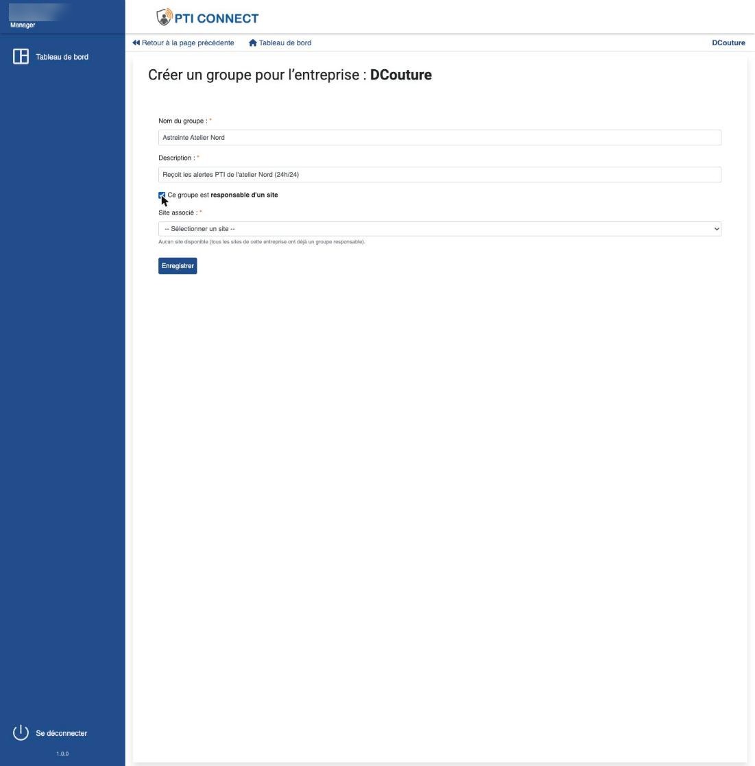 Le formulaire de création, ici avec l’option « responsable d’un site » cochée.
